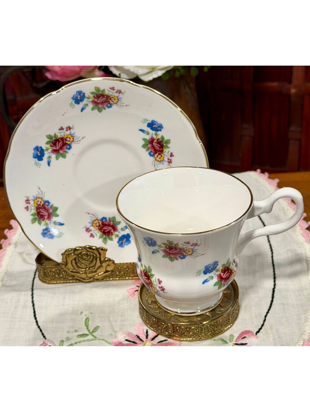 Royal Grafton Gainsborough Floral China Teacup Saucer Set England c. 1957-60